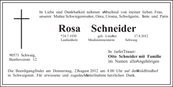 Traueranzeige von Rosa Schneider von Pegnitz-Zeitung